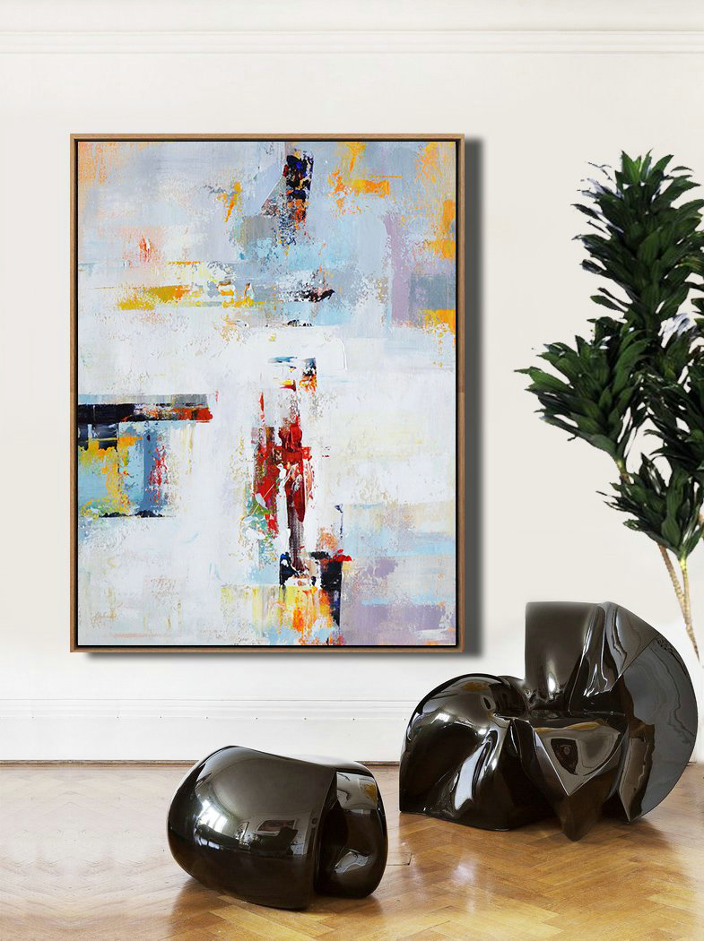 Original Extra Large Wall Art,Vertical Palette Knife Contemporary Art,Original Abstract Painting Canvas Art,White,Grey,Red,Yellow.Etc